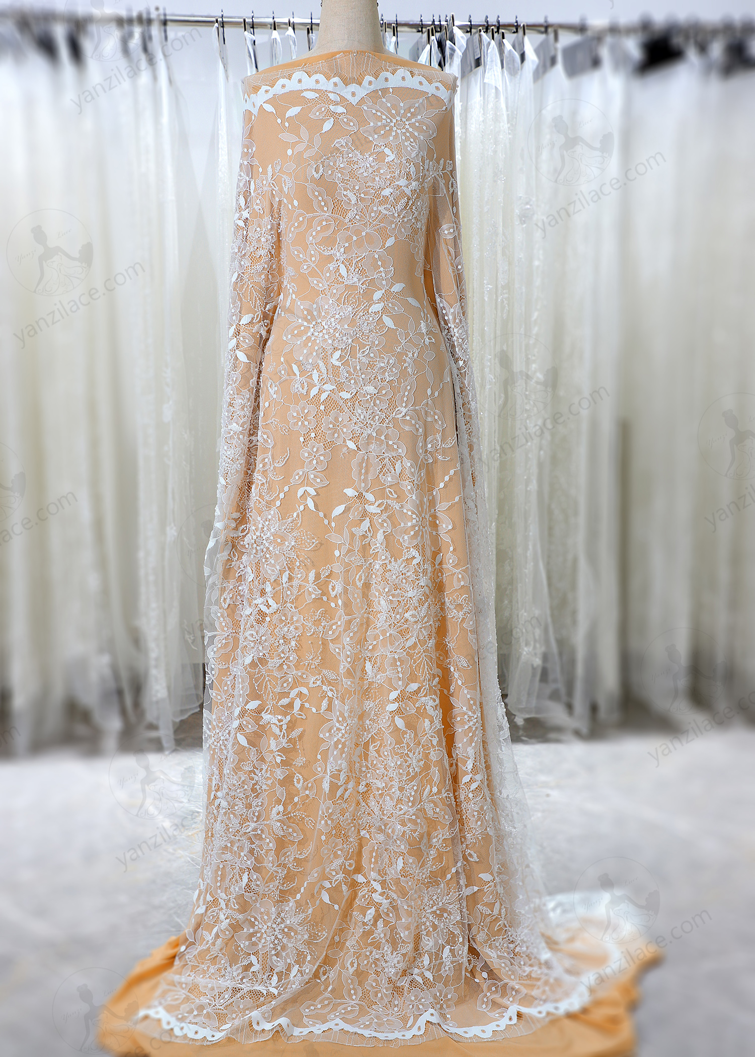 Yanzi eyelash lace with bead embroidery bridal wedding fabric luxury lace (YZZX903)