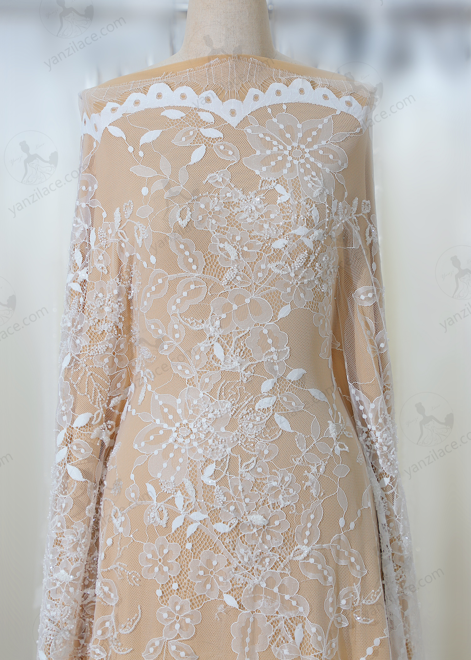 Yanzi eyelash lace with bead embroidery bridal wedding fabric luxury lace (YZZX903)