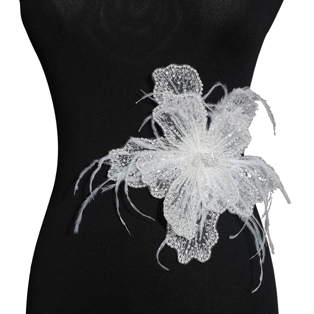 Yanzi Handmade 3d Flower Sequin Beads Applique with Feather for Dress Clothing Accessories (YZDH026）