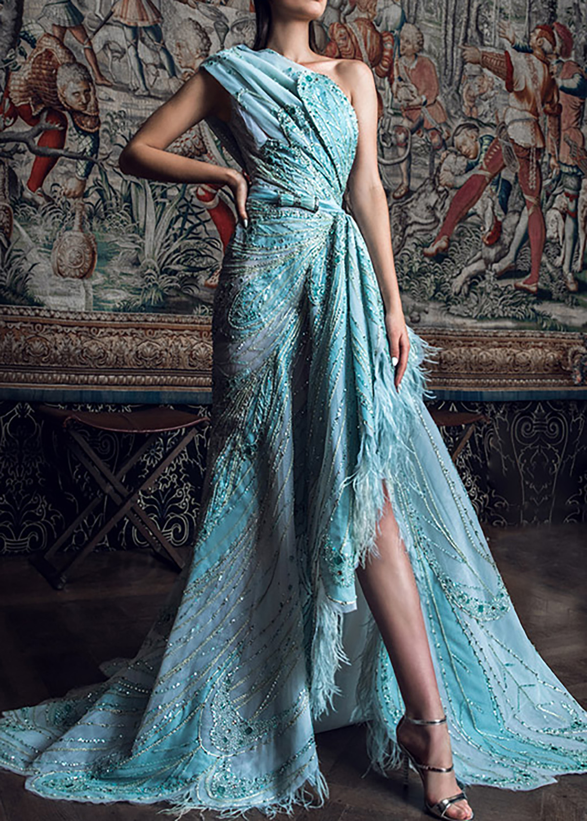 Yanzi colorful beaded lace dress fabric (YZZX279）