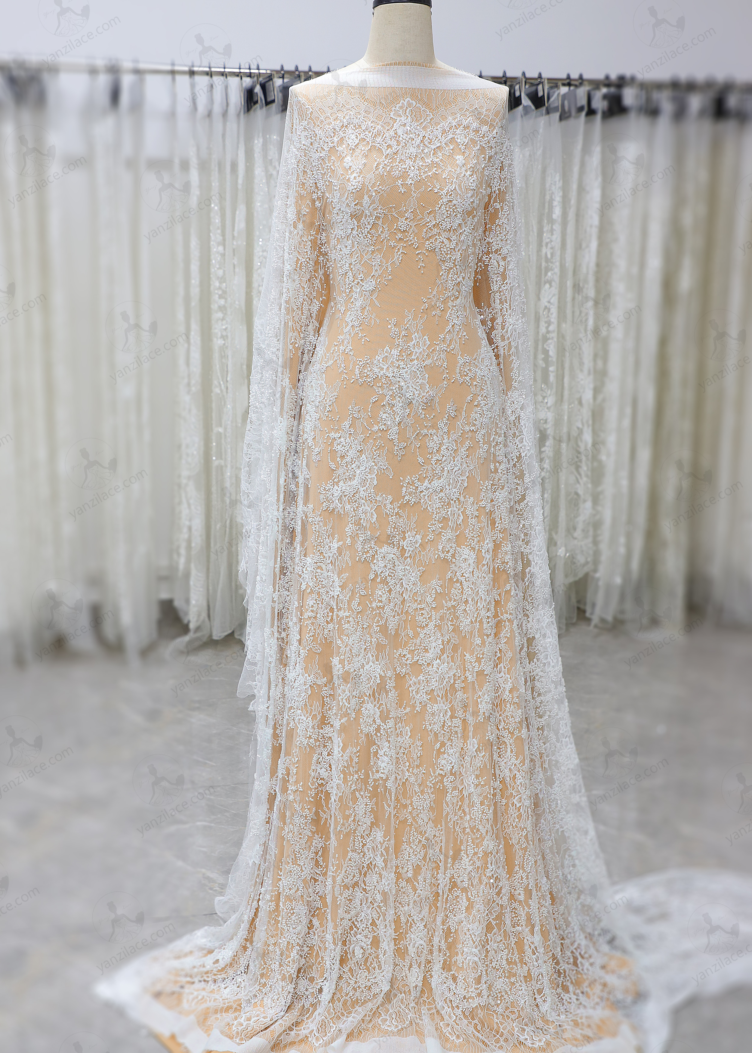 Yanzi eyelash lace with bead embroidery bridal wedding fabric lace (YZZX875+L6531)