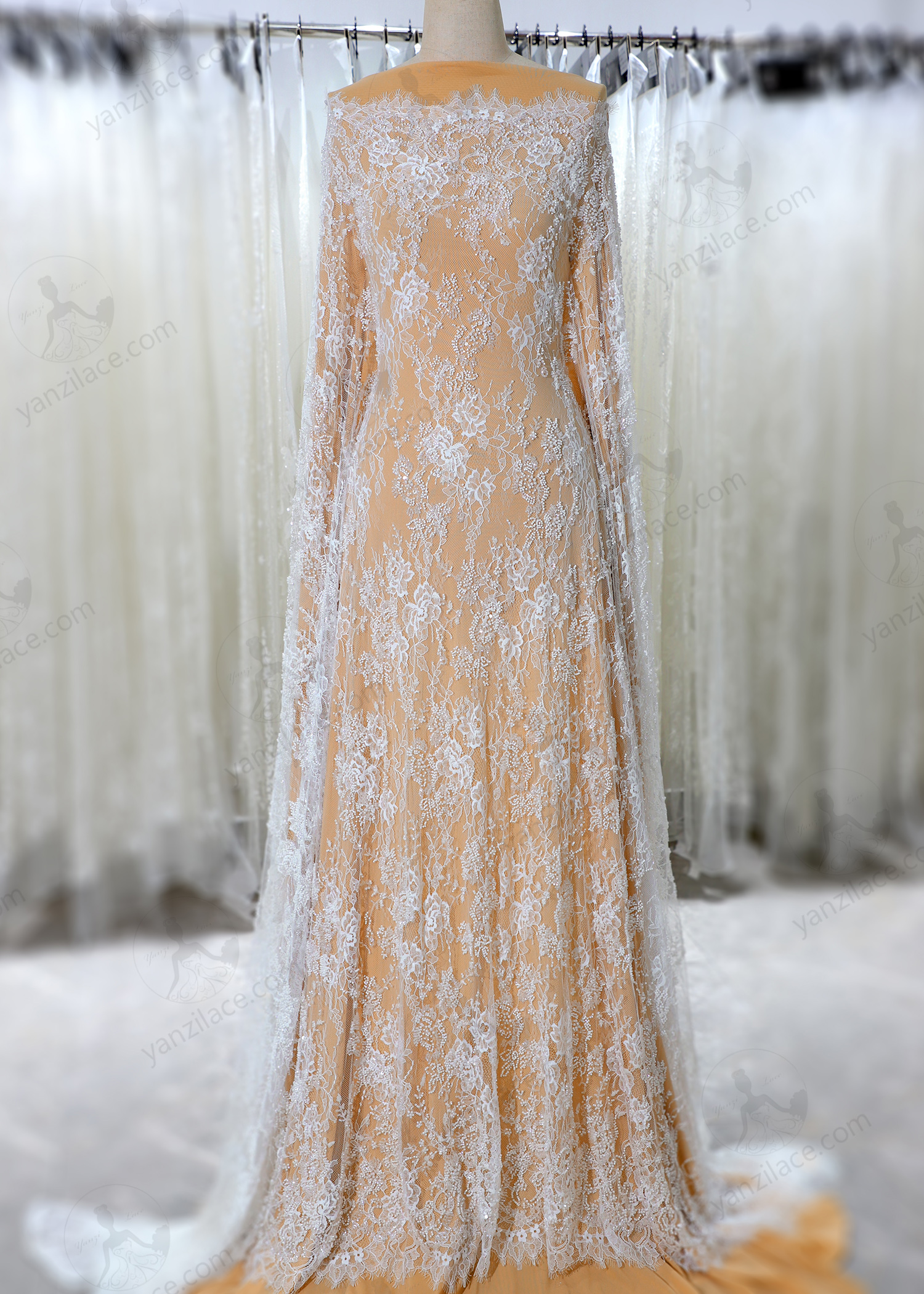 Yanzi eyelash lace with bead embroidery bridal wedding fabric lace (YZZX892+L6528)