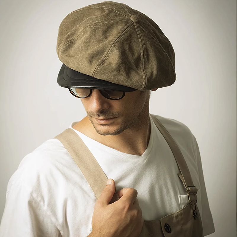 Vintage Waxed Canvas Leather Brim Octagonal Newsboy Cap