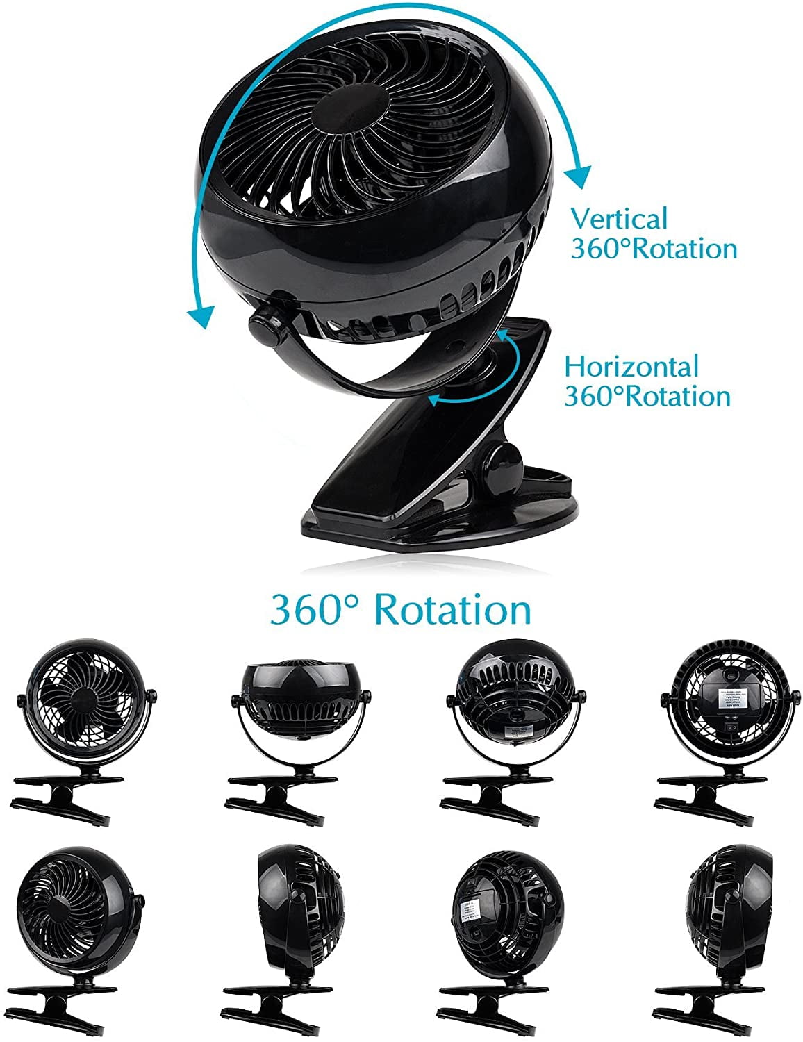 Gazeled Stroller Fan Battery Operated, Battery Operated Fans, Portable Battery Powered Fan with Clip, 5 inch Cordless Fan for Camping, Mini Quiet Personal Fan for Bed ,Car, 8 Free AA Batteries