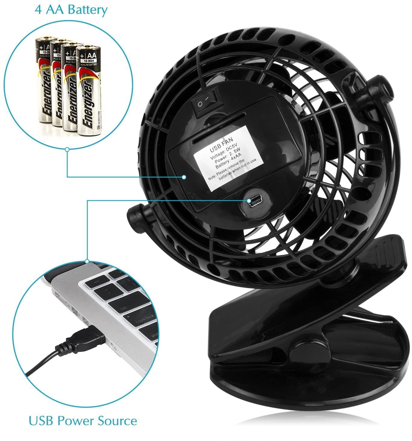 Gazeled Stroller Fan Battery Operated, Battery Operated Fans, Portable Battery Powered Fan with Clip, 5 inch Cordless Fan for Camping, Mini Quiet Personal Fan for Bed ,Car, 8 Free AA Batteries