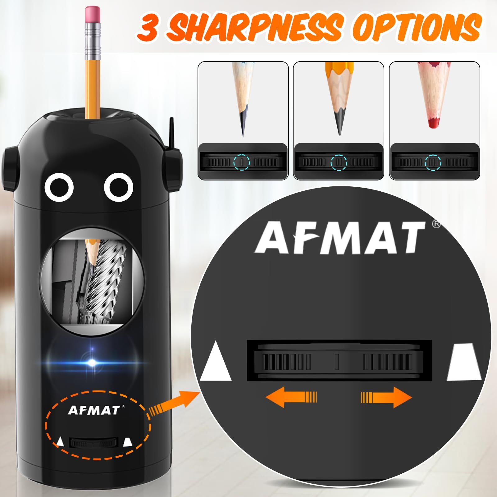 AFMAT Electric Pencil Sharpener for Colored Pencils 7-11.5mm, Auto in & Out, Fully Automatic Rechargeable Hands-Free Pencil Sharpener, Black