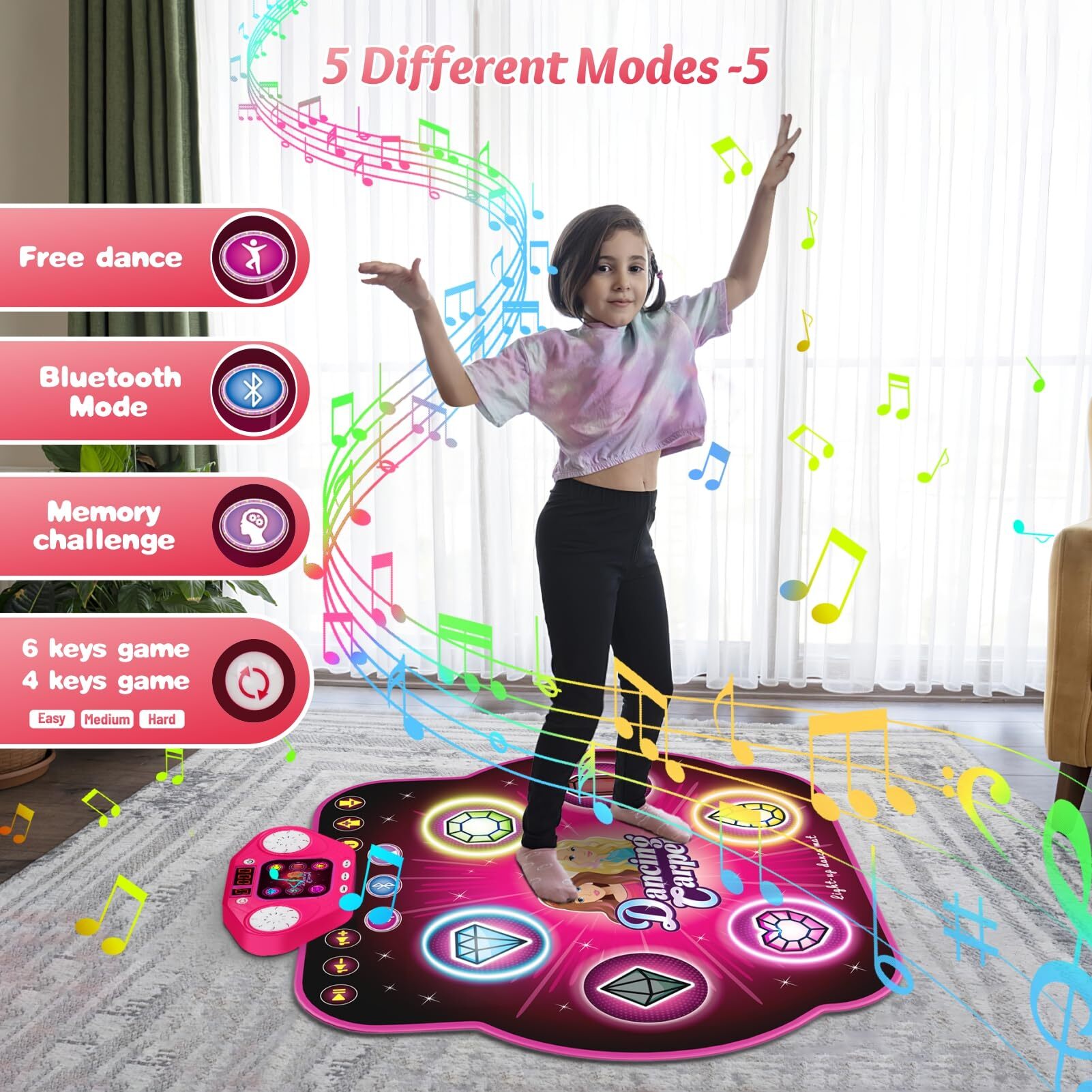 PAFOLO Dance Mat Toys for 3-12 Year Old Kids,Electronic Dance Pad with Light-up 6-Button & Wireless Bluetooth,5 Game Modes Princess Dancing Mat, Birthday Xmas Gifts for 3 4 5 6 7 8 9 10+Year Old Girls