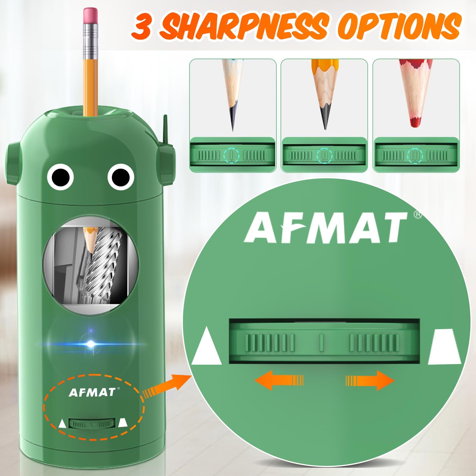 AFMAT Electric Pencil Sharpener for Colored Pencils 7-11.5mm, Auto in & Out, Fully Automatic Rechargeable Hands-Free Pencil Sharpener, Green
