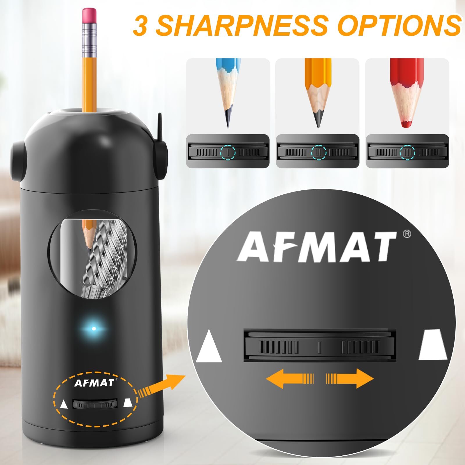 AFMAT Electric Pencil Sharpener for Colored Pencils 7-11.5mm, Auto in & Out, Fully Automatic Rechargeable Hands-Free Pencil Sharpener for Large Pencils, Black