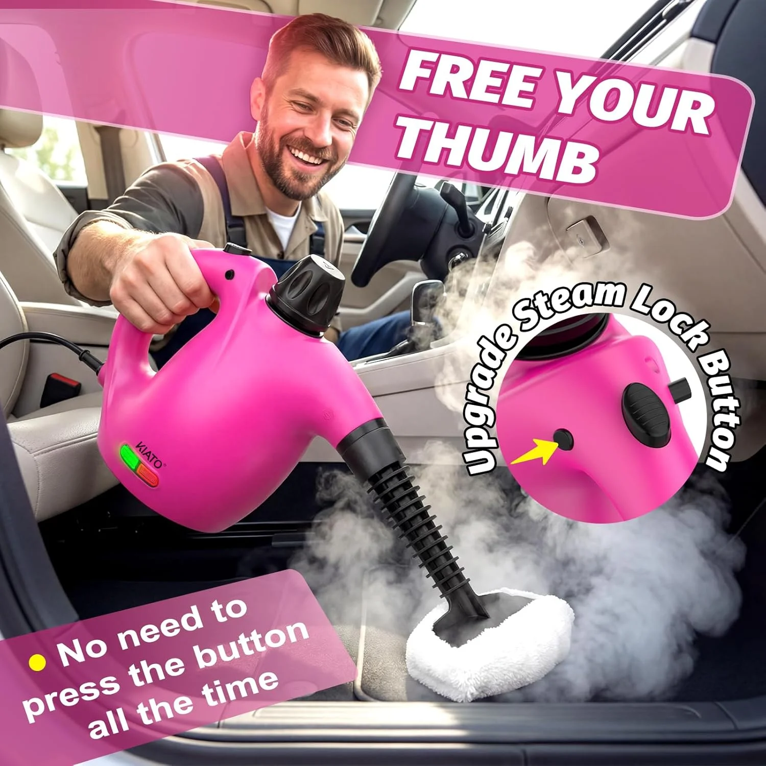Handheld Steam Cleaner, Hand Held Steamer for Cleaning Home, Portable Pressurized Steamers for Upholstery Furniture Sofa Couch Floor Tile Grout Bathroom, Pink