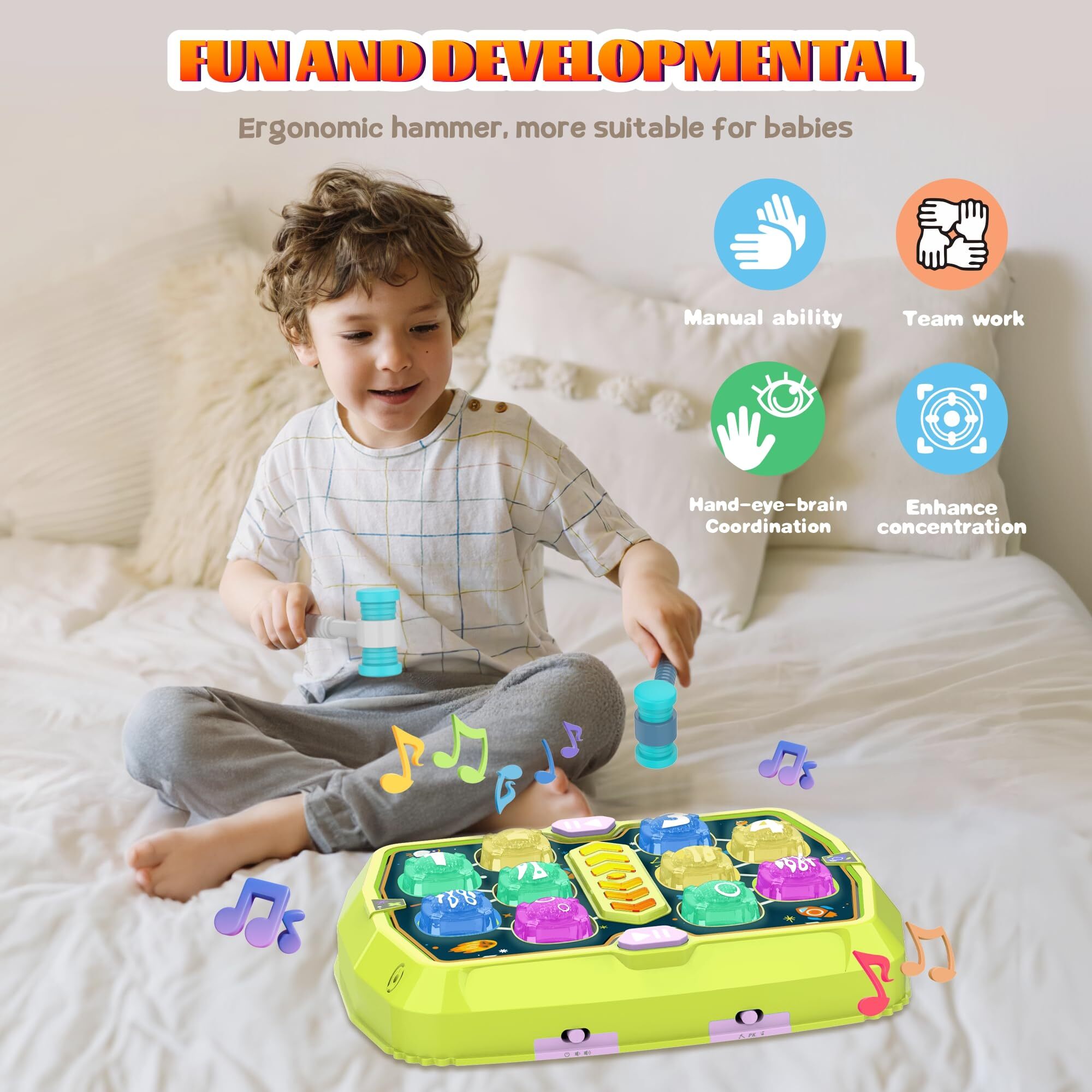 ANNKIE Interactive Whack a Mole Game for Toddlers - Early Learning Toy with 2 Soft Hammers,Green