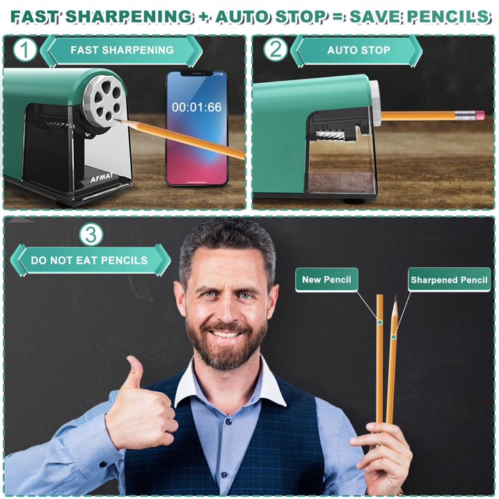 AFMAT Heavy Duty Electric Classroom Sharpener, 6 Holes, for 6-11mm Pencils, Auto Stop, Super Fast, Never Eat Pencils, School Teacher Must Have, Plug in,Green