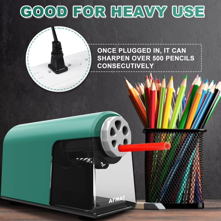 AFMAT Heavy Duty Electric Classroom Sharpener, 6 Holes, for 6-11mm Pencils, Auto Stop, Super Fast, Never Eat Pencils, School Teacher Must Have, Plug in,Green