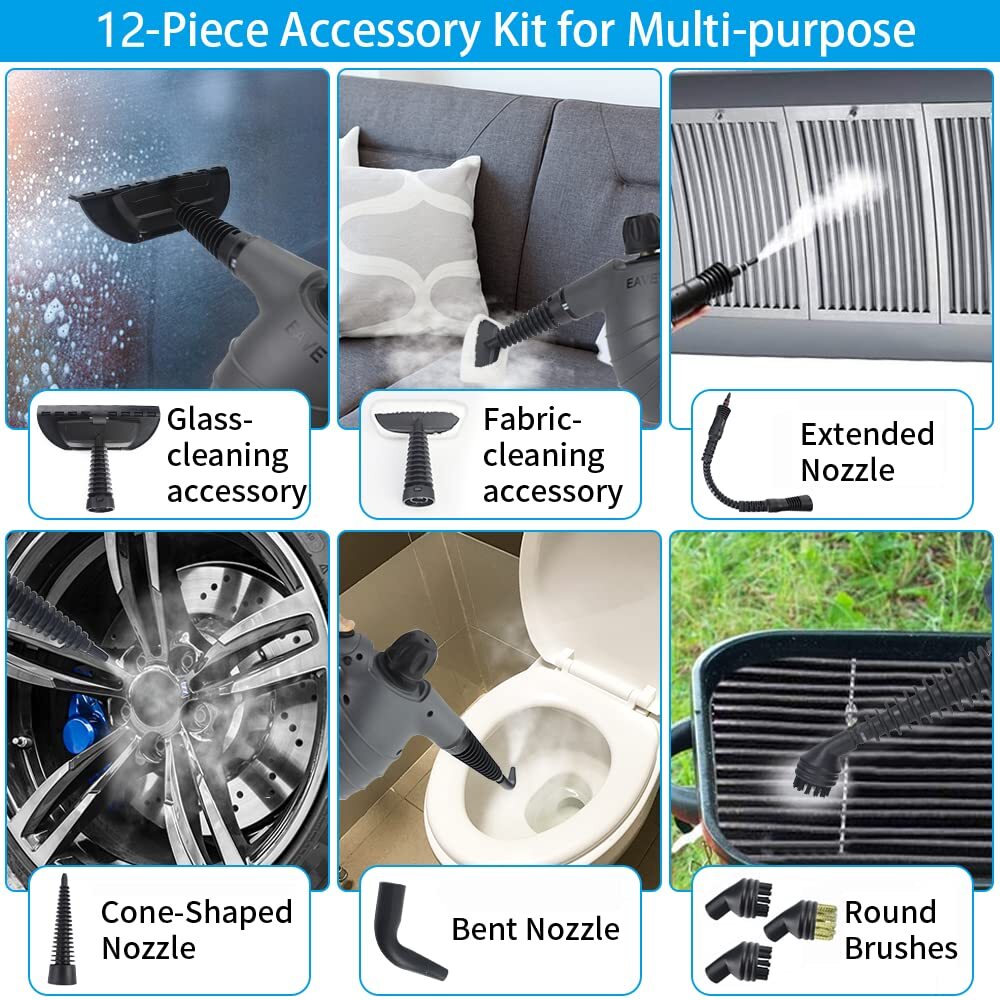 EAVE Handheld Steam Cleaner, Portable Steamer for Cleaning, with Steam Lock Button for Hands-free Steaming, 12 in 1 Set Pressurized Hand Held Car Steamer for Furniture, Upholstery,Tile Grout, Home Use