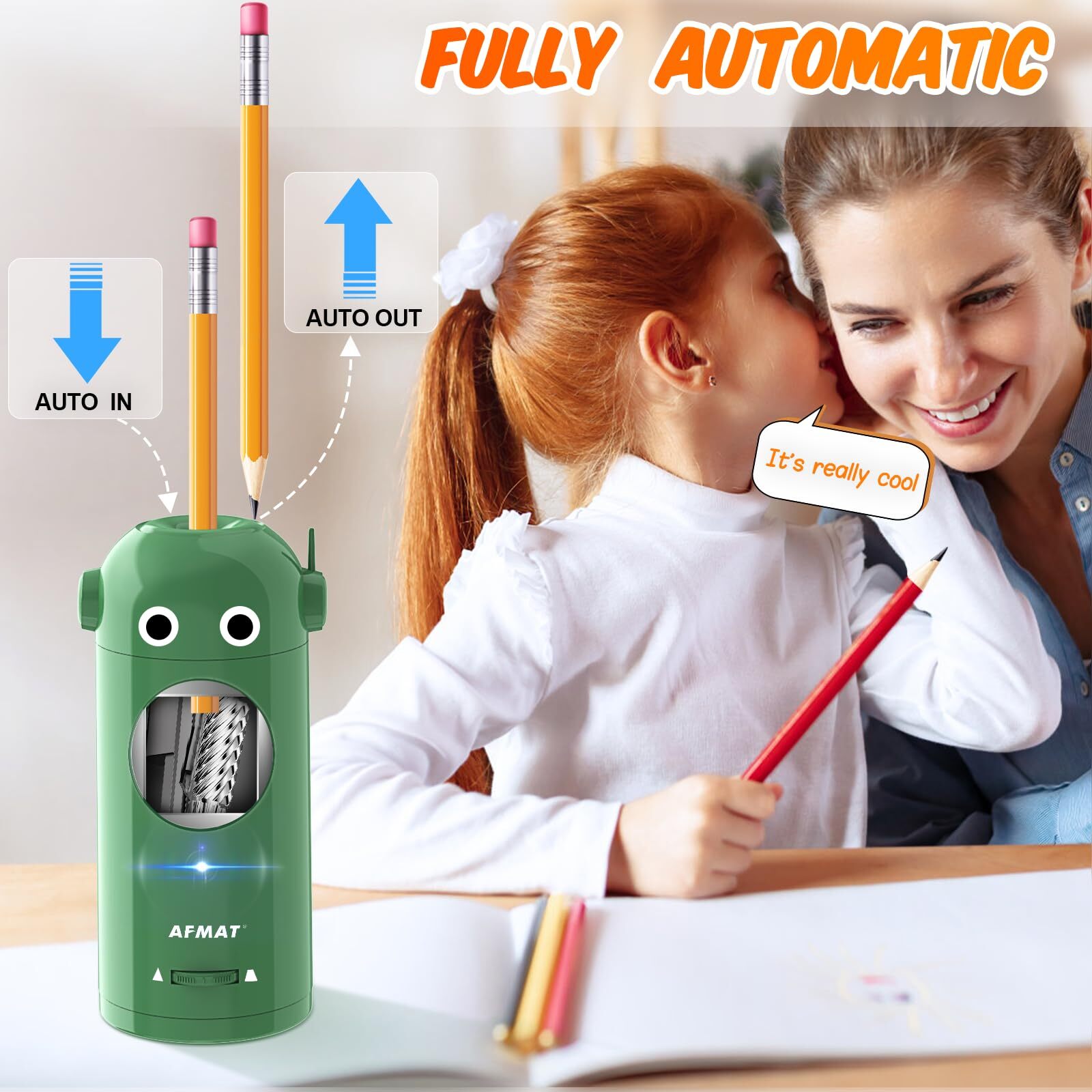 AFMAT Electric Pencil Sharpener for Colored Pencils 7-11.5mm, Auto in & Out, Fully Automatic Rechargeable Hands-Free Pencil Sharpener, Green