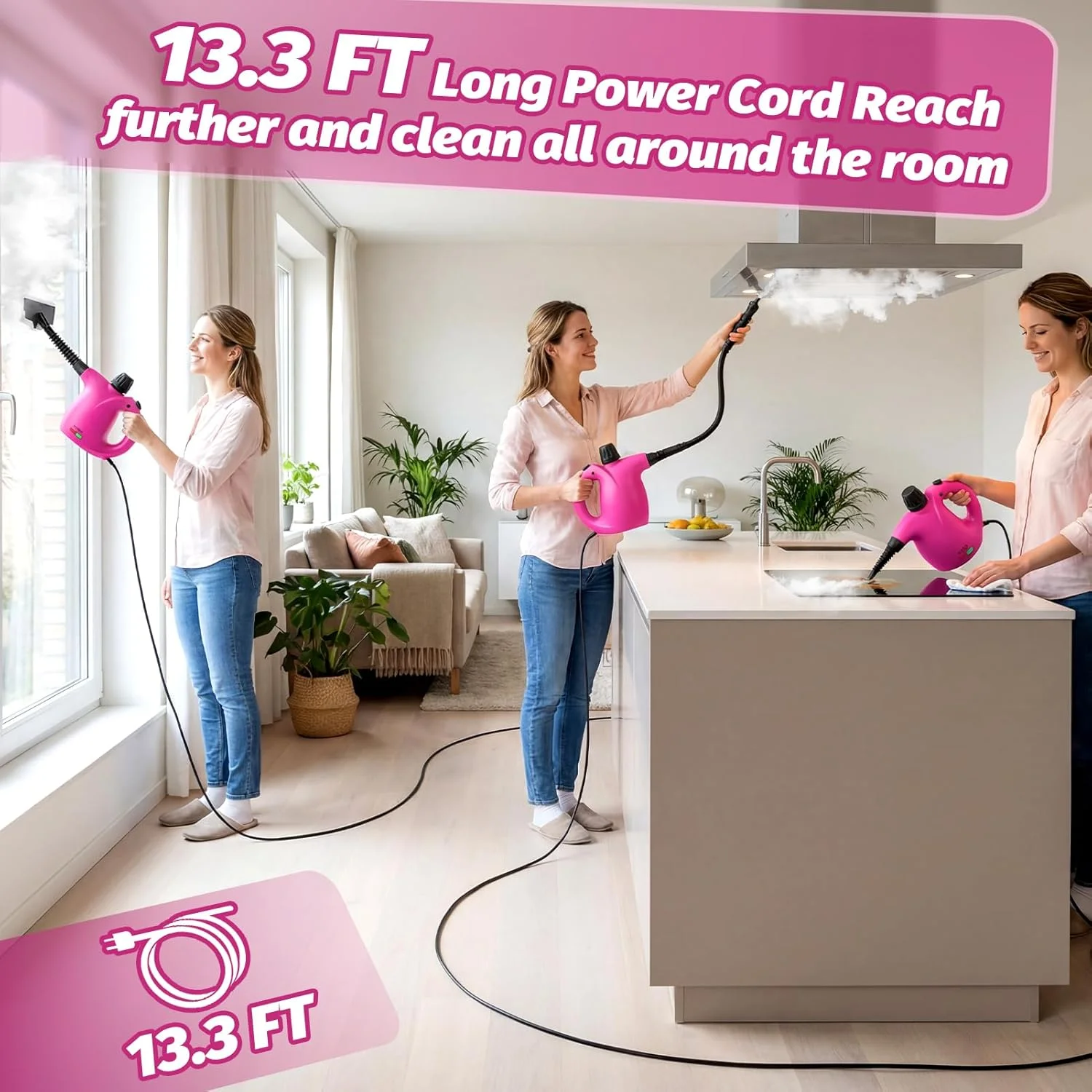 Handheld Steam Cleaner, Hand Held Steamer for Cleaning Home, Portable Pressurized Steamers for Upholstery Furniture Sofa Couch Floor Tile Grout Bathroom, Pink