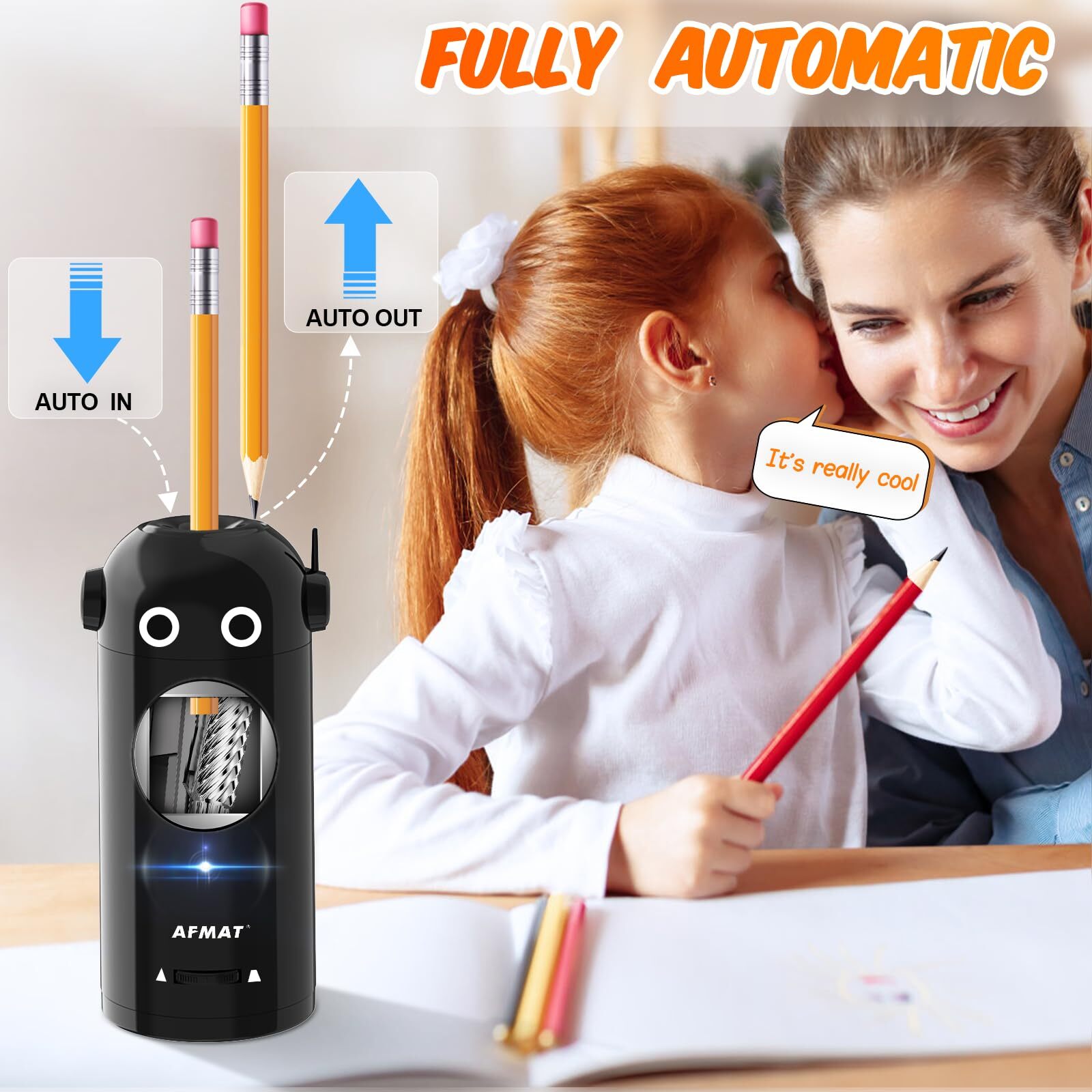 AFMAT Electric Pencil Sharpener for Colored Pencils 7-11.5mm, Auto in & Out, Fully Automatic Rechargeable Hands-Free Pencil Sharpener, Black