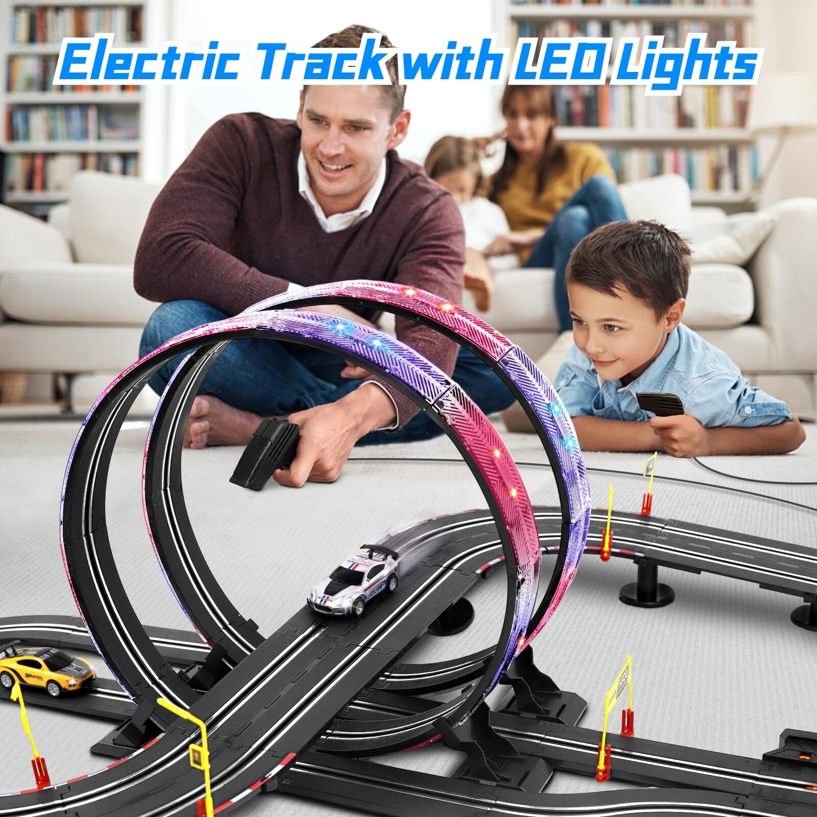 PAFOLO Slot Car Race Track Sets,19ft Electric Track with LED Lights and 4 Slot Cars,2 Hand Controller and Racing Game Lap Counters,Race Track Set Features a Loop,Turns & a Crossover for Boys Age 6-12