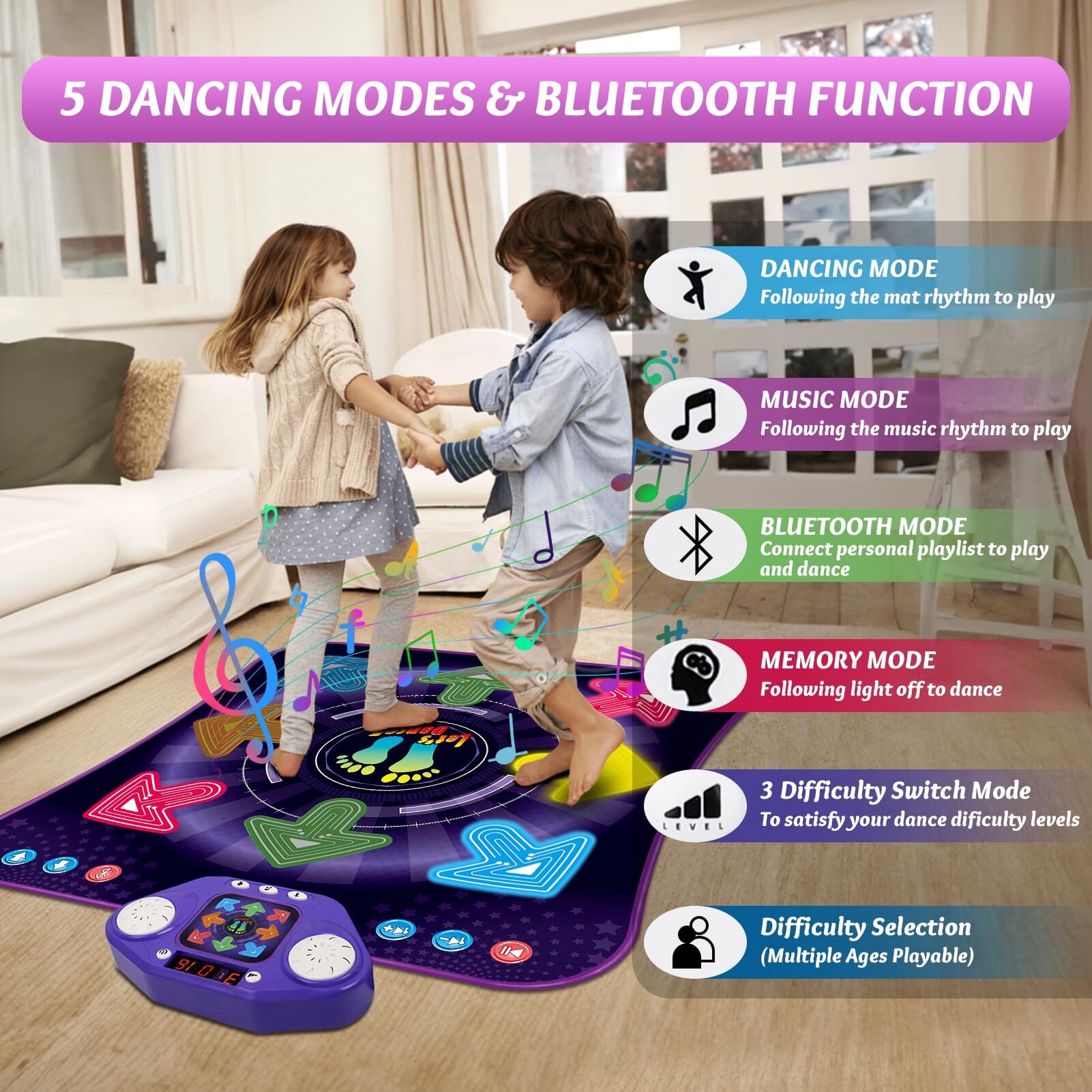 PAFOLO Dance Mat Toys for 3-12 Year Old Kids, Dance Pad with Light Up 8-Buttons & Wireless Bluetooth, Music Dance Toy with 5 Game Modes, Birthday Xmas Gifts for 3 4 5 6 7 8 9 10+ Year Old Girls Boy