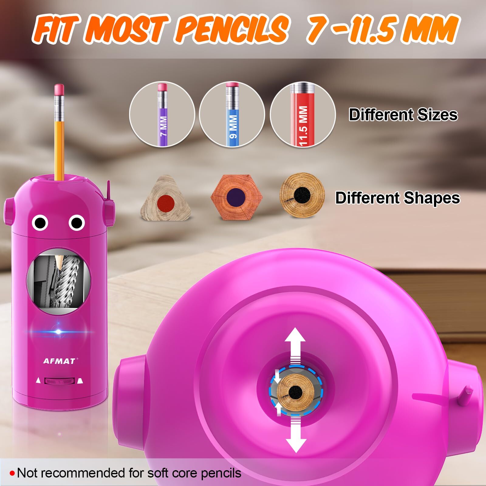 AFMAT Electric Pencil Sharpener for Colored Pencils 7-11.5mm, Auto in & Out, Fully Automatic Rechargeable Hands-Free Pencil Sharpener, Purple
