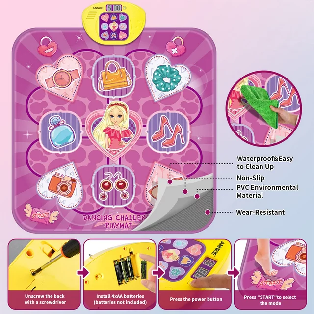 ANNKIE Dance Mat - Interactive Kids' Toy for Girls, Ages 3-12, Electronic Music & LED Lights Dance Pad, 5 Game Modes, Princess Design, Perfect Birthday & Christmas Gift for Kids