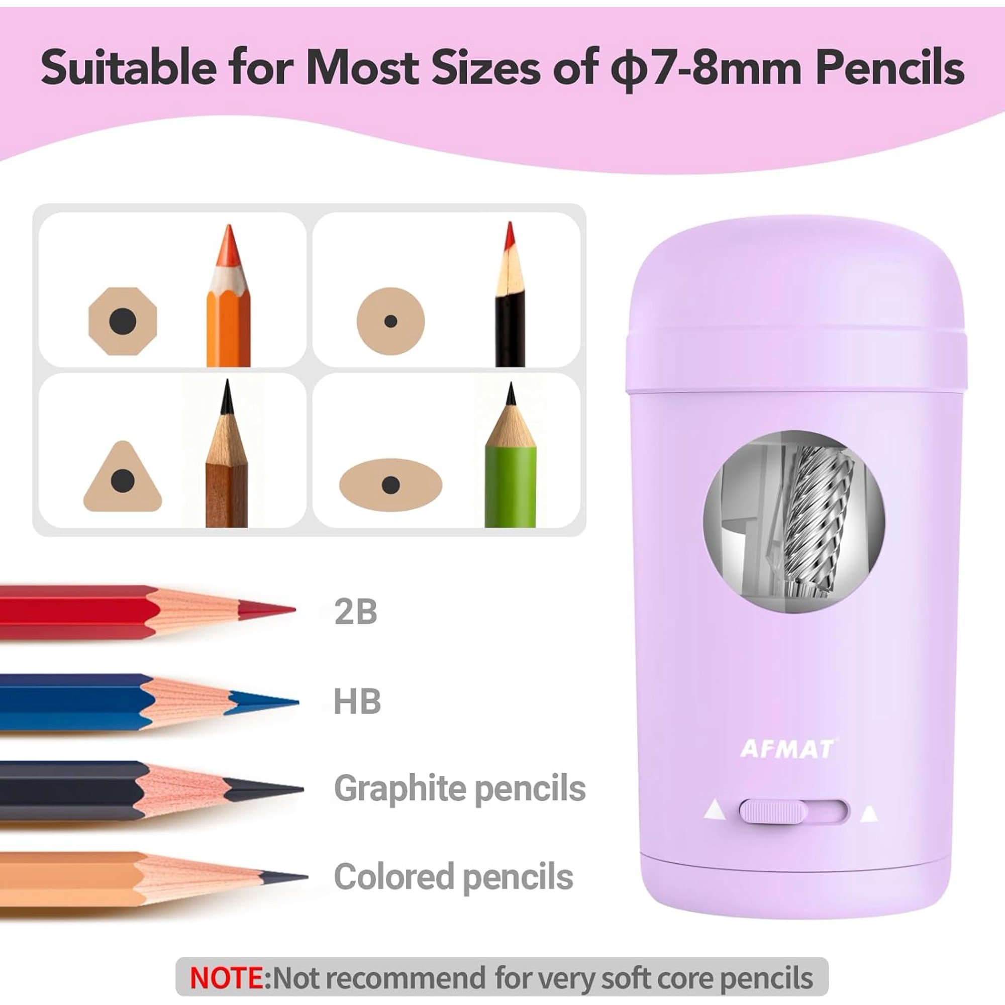 AFMAT Electric Pencil Sharpener, Fully Automatic Pencil Sharpener for 7-8mm Pencils & Colored Pencil, Auto in & Out, Rechargeable Vertical Hands-Free Sharpeners for Classroom/Home/Office(Purple)