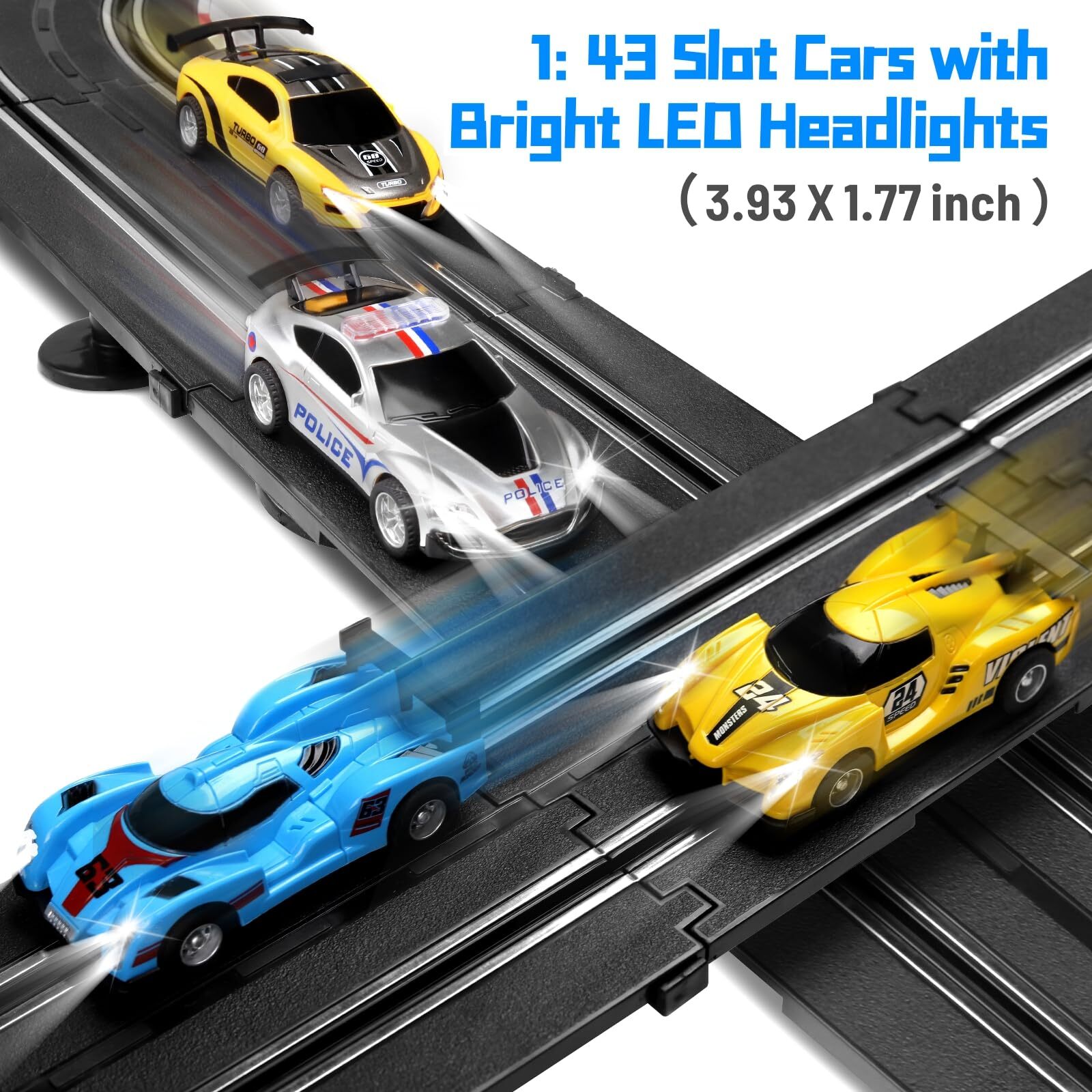 PAFOLO Slot Car Race Track Sets,19ft Electric Track with LED Lights and 4 Slot Cars,2 Hand Controller and Racing Game Lap Counters,Race Track Set Features a Loop,Turns & a Crossover for Boys Age 6-12