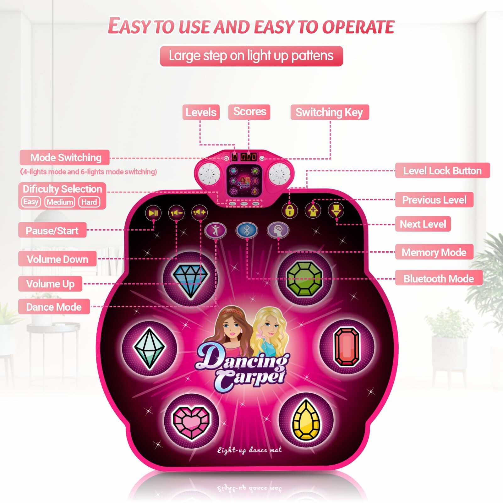 PAFOLO Dance Mat Toys for 3-12 Year Old Kids,Electronic Dance Pad with Light-up 6-Button & Wireless Bluetooth,5 Game Modes Princess Dancing Mat, Birthday Xmas Gifts for 3 4 5 6 7 8 9 10+Year Old Girls