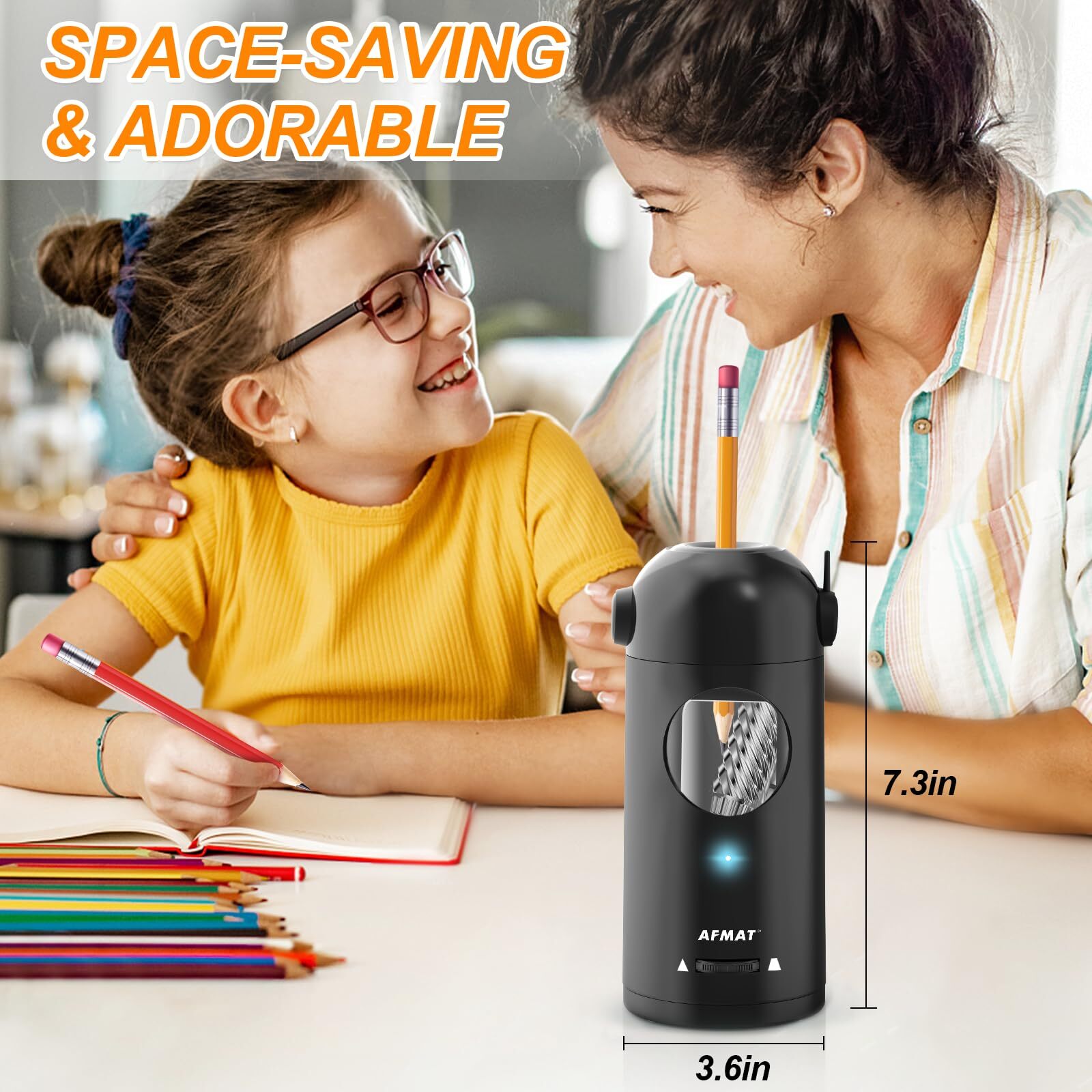 AFMAT Electric Pencil Sharpener for Colored Pencils 7-11.5mm, Auto in & Out, Fully Automatic Rechargeable Hands-Free Pencil Sharpener for Large Pencils, Black