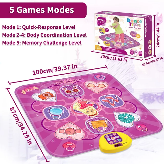 ANNKIE Dance Mat - Interactive Kids' Toy for Girls, Ages 3-12, Electronic Music & LED Lights Dance Pad, 5 Game Modes, Princess Design, Perfect Birthday & Christmas Gift for Kids