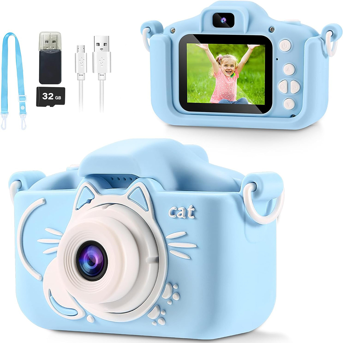 Kids Camera for Girls, 2 Lens Selfie Kids Camera,HD Kids Digital Camera Toys for 4 5 6 7 8 9 Year Old Girl Christmas Birthday Gifts,MP3 Player,Camera for Kids 10-12,Toddler Camera with 32GB-Card Blue