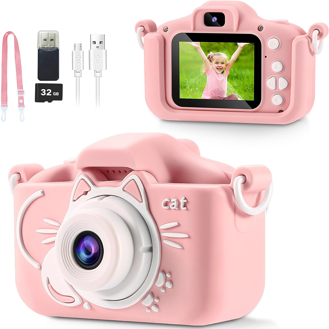 Kids Camera for Girls, 2 Lens Selfie Kids Camera,HD Kids Digital Camera Toys for 4 5 6 7 8 9 Year Old Girl Christmas Birthday Gifts,MP3 Player,Camera for Kids 10-12,Toddler Camera with 32GB-Card Pink