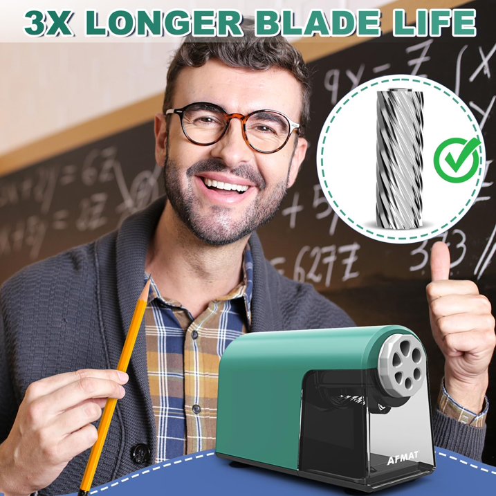 AFMAT Heavy Duty Electric Classroom Sharpener, 6 Holes, for 6-11mm Pencils, Auto Stop, Super Fast, Never Eat Pencils, School Teacher Must Have, Plug in,Green