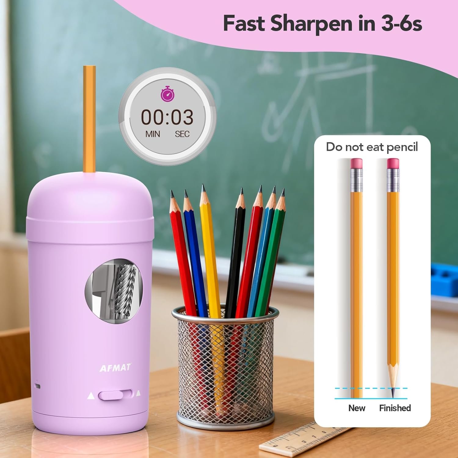AFMAT Electric Pencil Sharpener, Fully Automatic Pencil Sharpener for 7-8mm Pencils & Colored Pencil, Auto in & Out, Rechargeable Vertical Hands-Free Sharpeners for Classroom/Home/Office(Purple)