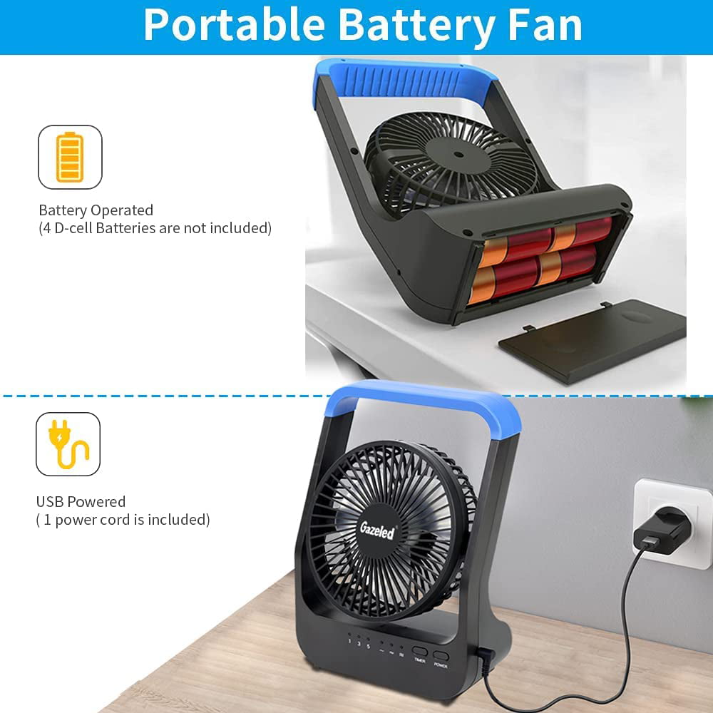 Gazeled Battery Operated Fan, Camping Fan Battery Powered, Super Long Lasting, Portable D-Cell Battery Powered Desk Fan with Timer,3 Speeds, Quiet, 180° Rotation, for Office,Bedroom,Outdoor, 5'', Blue