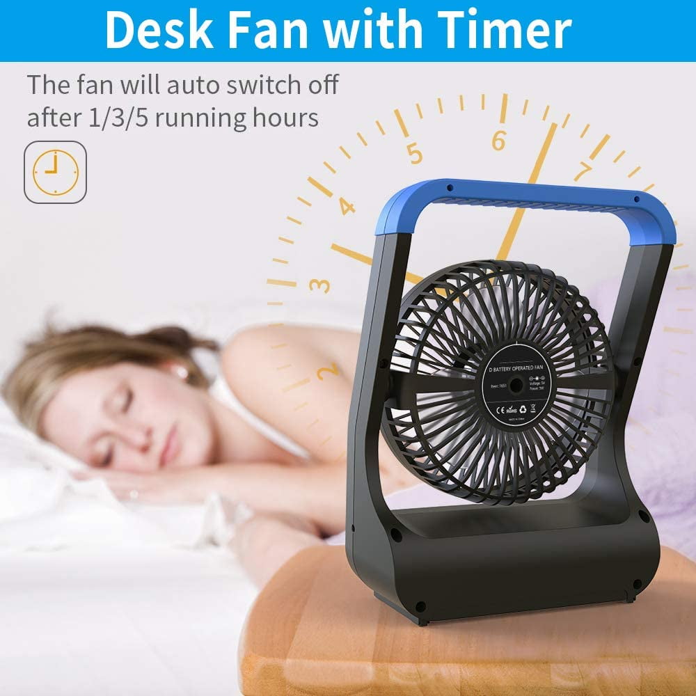 Gazeled Battery Operated Fan, Camping Fan Battery Powered, Super Long Lasting, Portable D-Cell Battery Powered Desk Fan with Timer,3 Speeds, Quiet, 180° Rotation, for Office,Bedroom,Outdoor, 5'', Blue