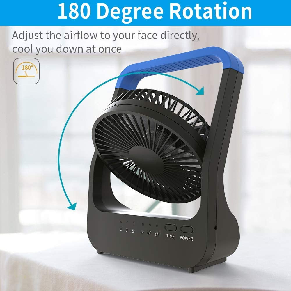 Gazeled Battery Operated Fan, Camping Fan Battery Powered, Super Long Lasting, Portable D-Cell Battery Powered Desk Fan with Timer,3 Speeds, Quiet, 180° Rotation, for Office,Bedroom,Outdoor, 5'', Blue