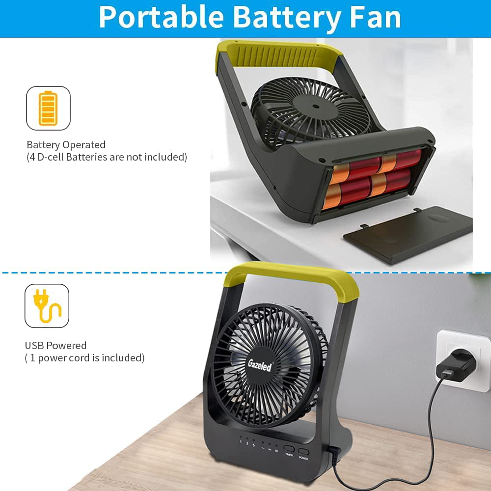 Battery Operated Fan, Super Long Lasting Battery Operated Fans for Camping, Portable D-Cell Battery Powered Desk Fan with Timer, 3 Speeds, Whisper Quiet, 180° Rotation, for Office,Bedroom,Outdoor, 5''