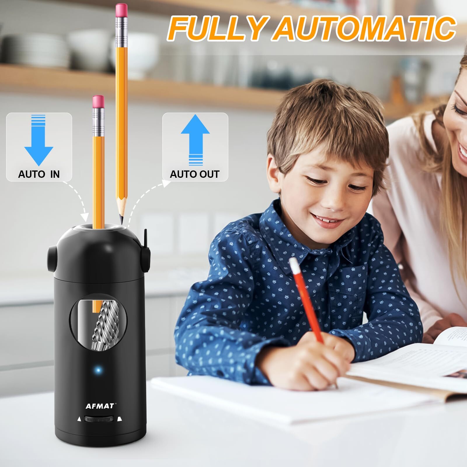 AFMAT Electric Pencil Sharpener for Colored Pencils 7-11.5mm, Auto in & Out, Fully Automatic Rechargeable Hands-Free Pencil Sharpener for Large Pencils, Black
