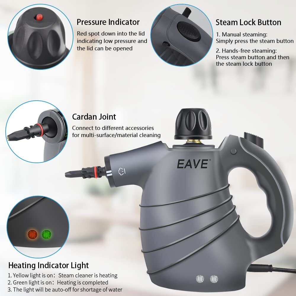 EAVE Handheld Steam Cleaner, Portable Steamer for Cleaning, with Steam Lock Button for Hands-free Steaming, 12 in 1 Set Pressurized Hand Held Car Steamer for Furniture, Upholstery,Tile Grout, Home Use