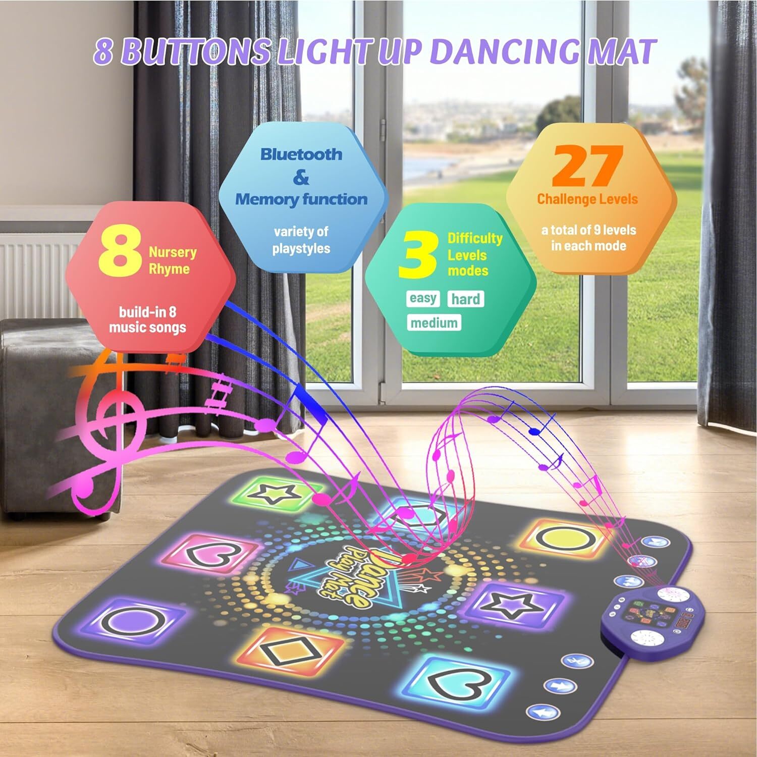 Dance Mat - 8 Buttons Kids Light Up Dancing Mat 27 Challenge Levels Bluetooth & Built-in 8 Songs Dance Floor Mat - Birthday/Chirstmas/New Year Gifts Toy for 3-12 Years Old Girls Boys