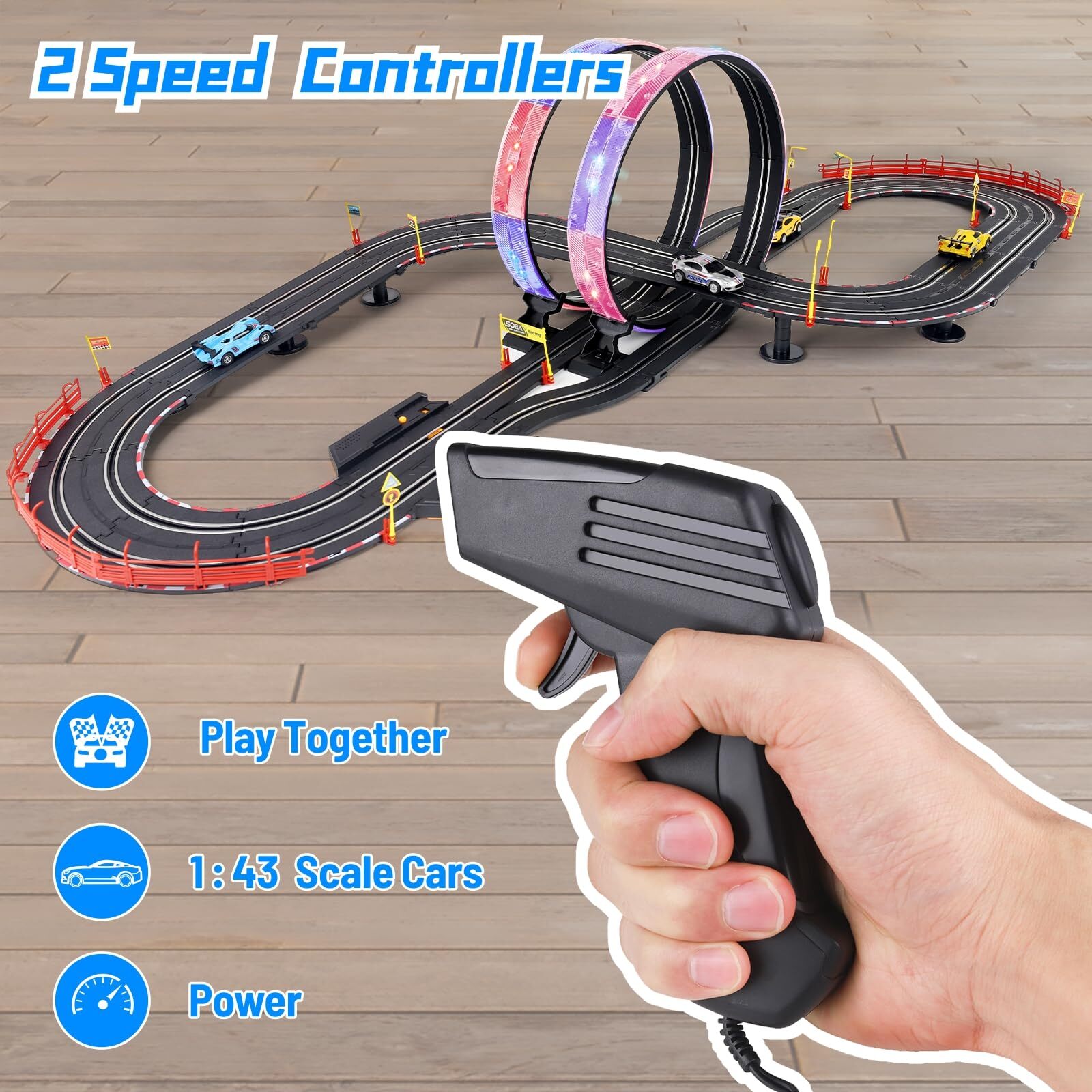 PAFOLO Slot Car Race Track Sets,19ft Electric Track with LED Lights and 4 Slot Cars,2 Hand Controller and Racing Game Lap Counters,Race Track Set Features a Loop,Turns & a Crossover for Boys Age 6-12
