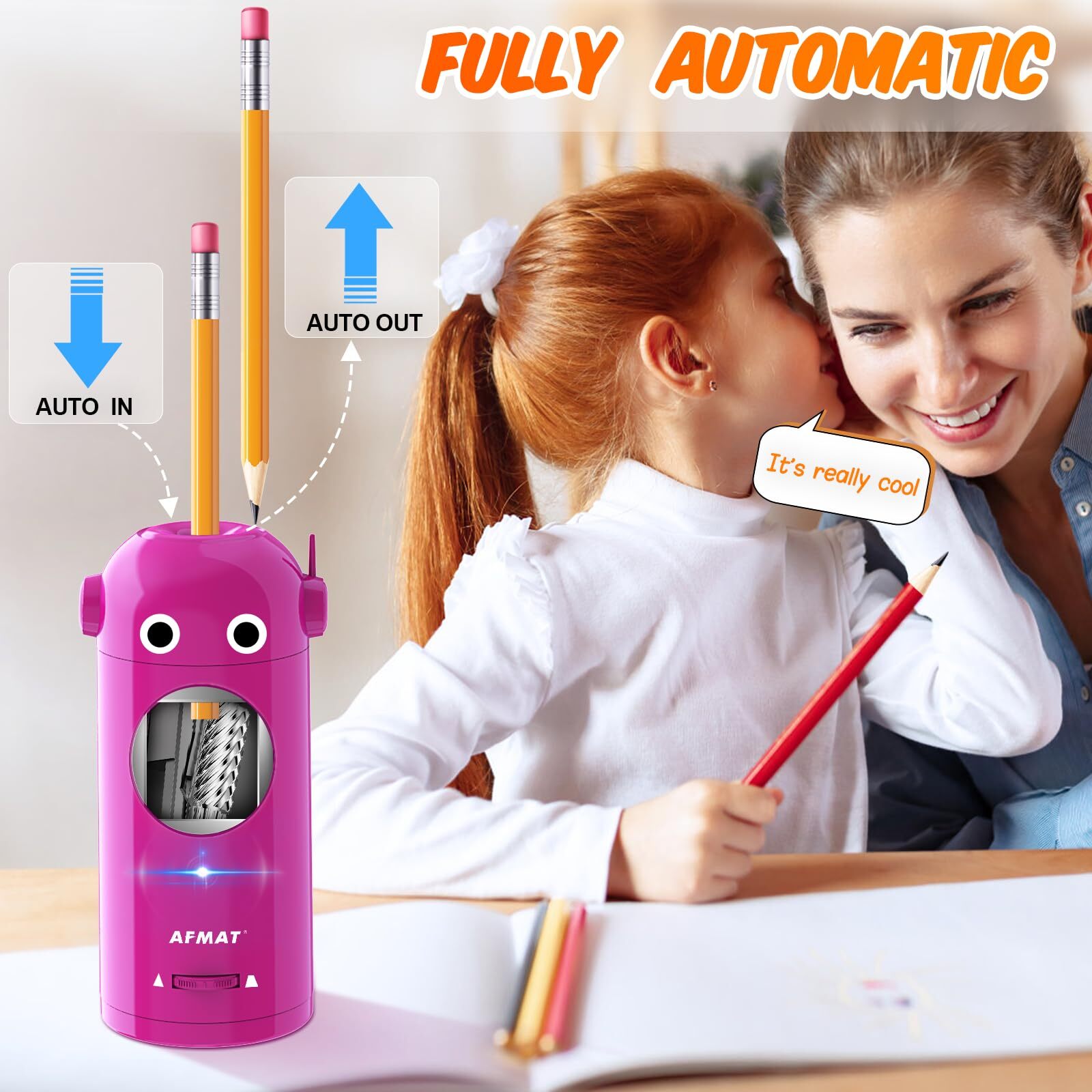 AFMAT Electric Pencil Sharpener for Colored Pencils 7-11.5mm, Auto in & Out, Fully Automatic Rechargeable Hands-Free Pencil Sharpener, Purple