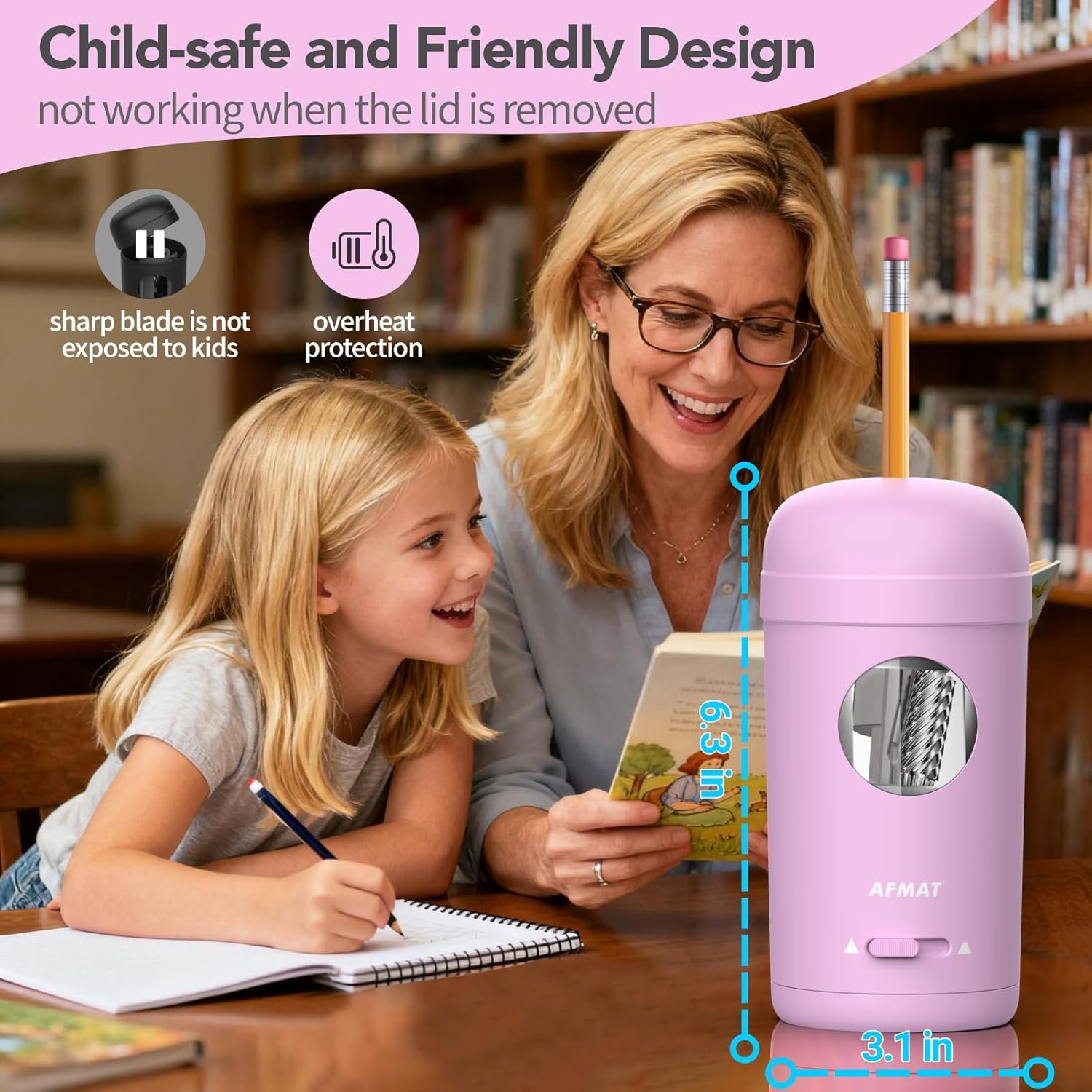 AFMAT Electric Pencil Sharpener, Fully Automatic Pencil Sharpener for 7-8mm Pencils & Colored Pencil, Auto in & Out, Rechargeable Vertical Hands-Free Sharpeners for Classroom/Home/Office(Purple)