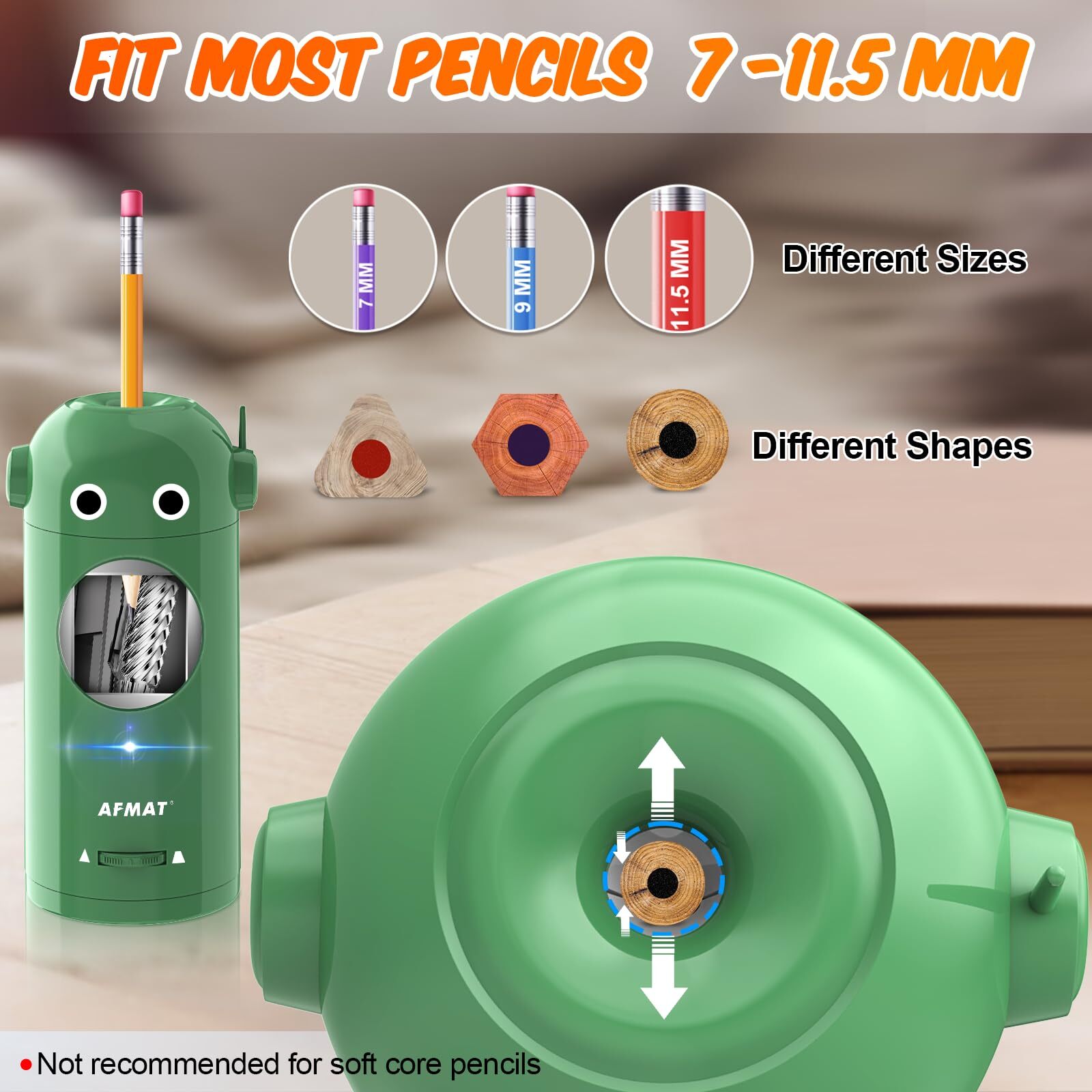 AFMAT Electric Pencil Sharpener for Colored Pencils 7-11.5mm, Auto in & Out, Fully Automatic Rechargeable Hands-Free Pencil Sharpener, Green