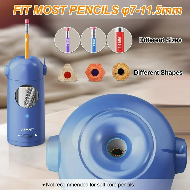 AFMAT Electric Pencil Sharpener, Fully Automatic Pencil Sharpener for Colored Pencils 7-11.5mm, Auto in & Out, Rechargeable Hand
