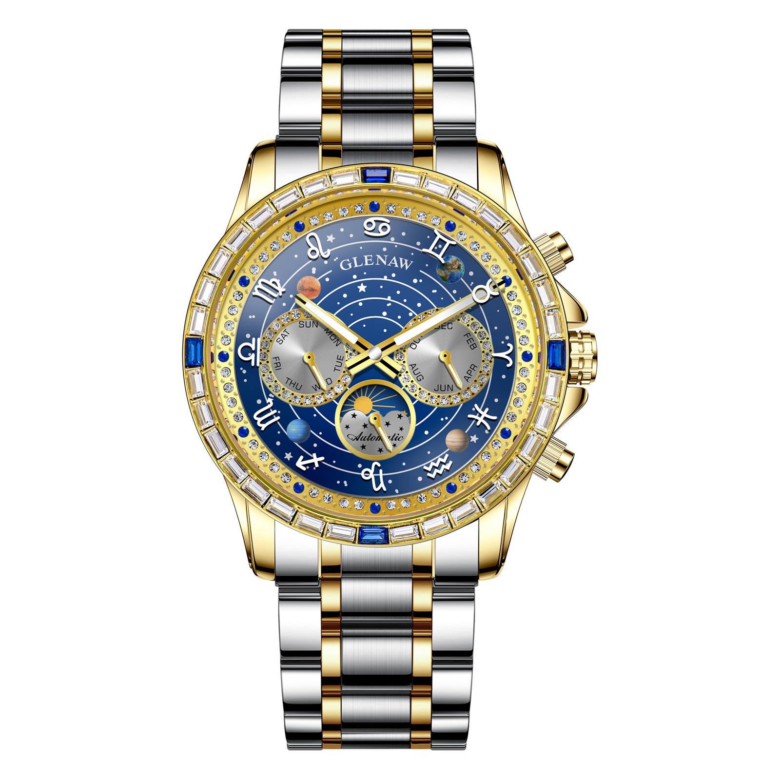 Luxury Automatic Mechanical Watch with 12 Zodiac Dial, Gem-Set Steel Case