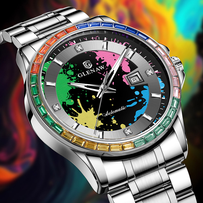 Men’s Mechanical Watch – Rainbow Crystal Bezel, Artistic Ink Dial, Stainless Steel