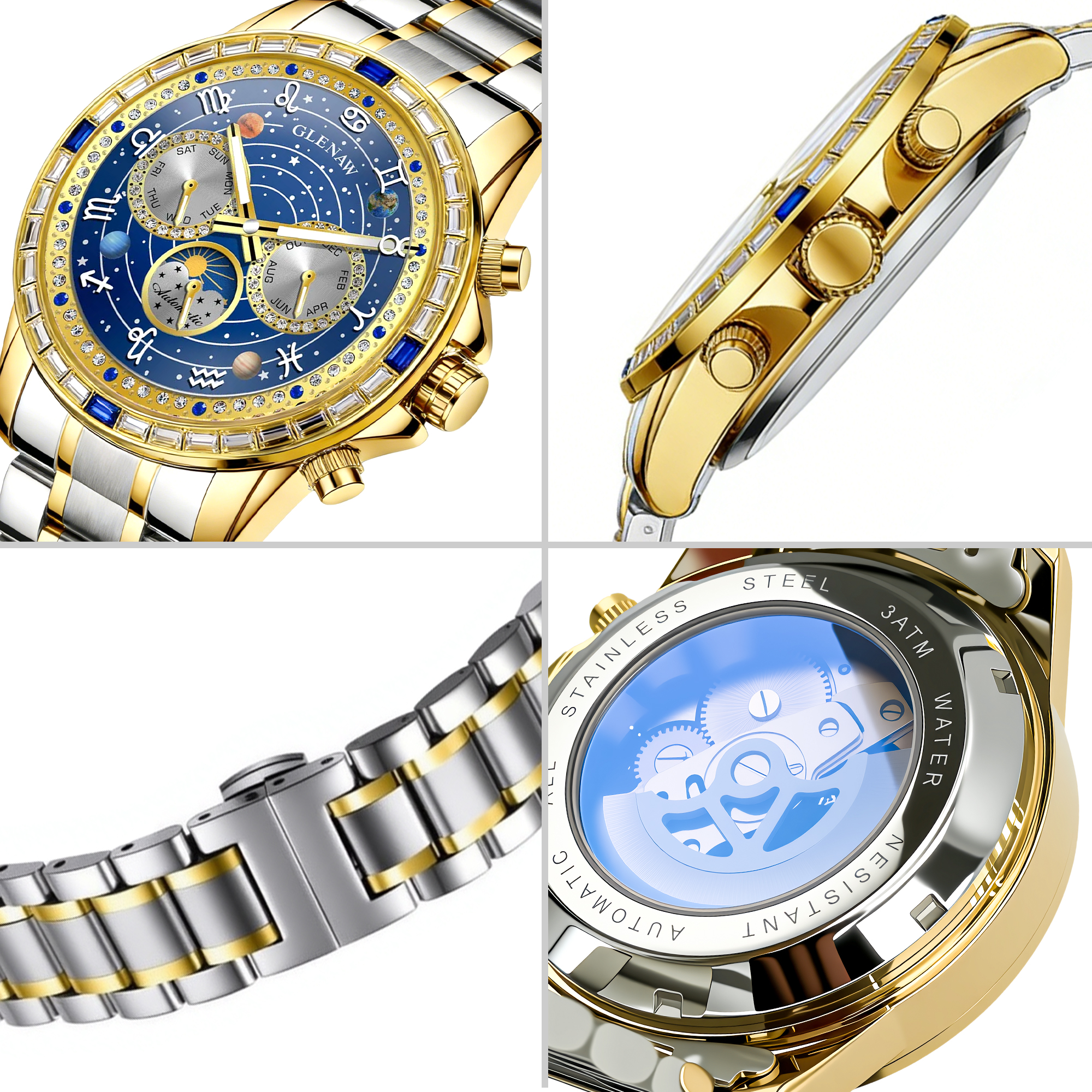 Luxury Automatic Mechanical Watch with 12 Zodiac Dial, Gem-Set Steel Case