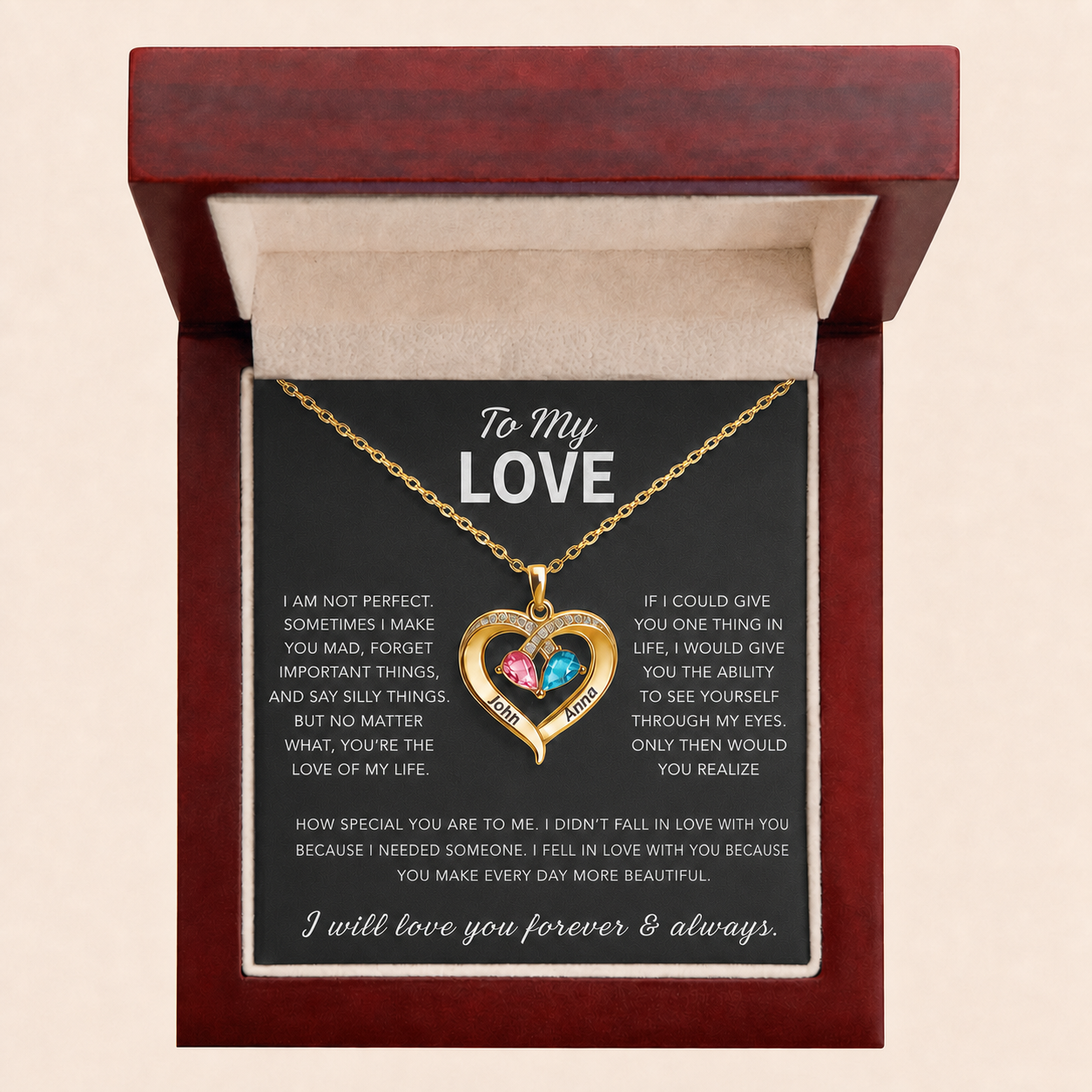 To My Love – Custom Double Birthstones&Name Heart Necklace 